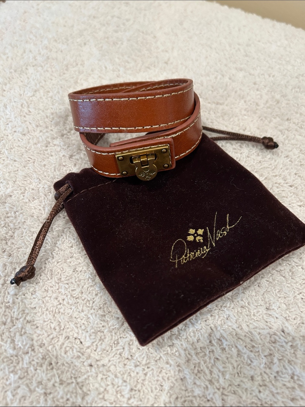 Patricia Nash Cognac Leather Double Wrap Bracelet with Antique Brass Lock